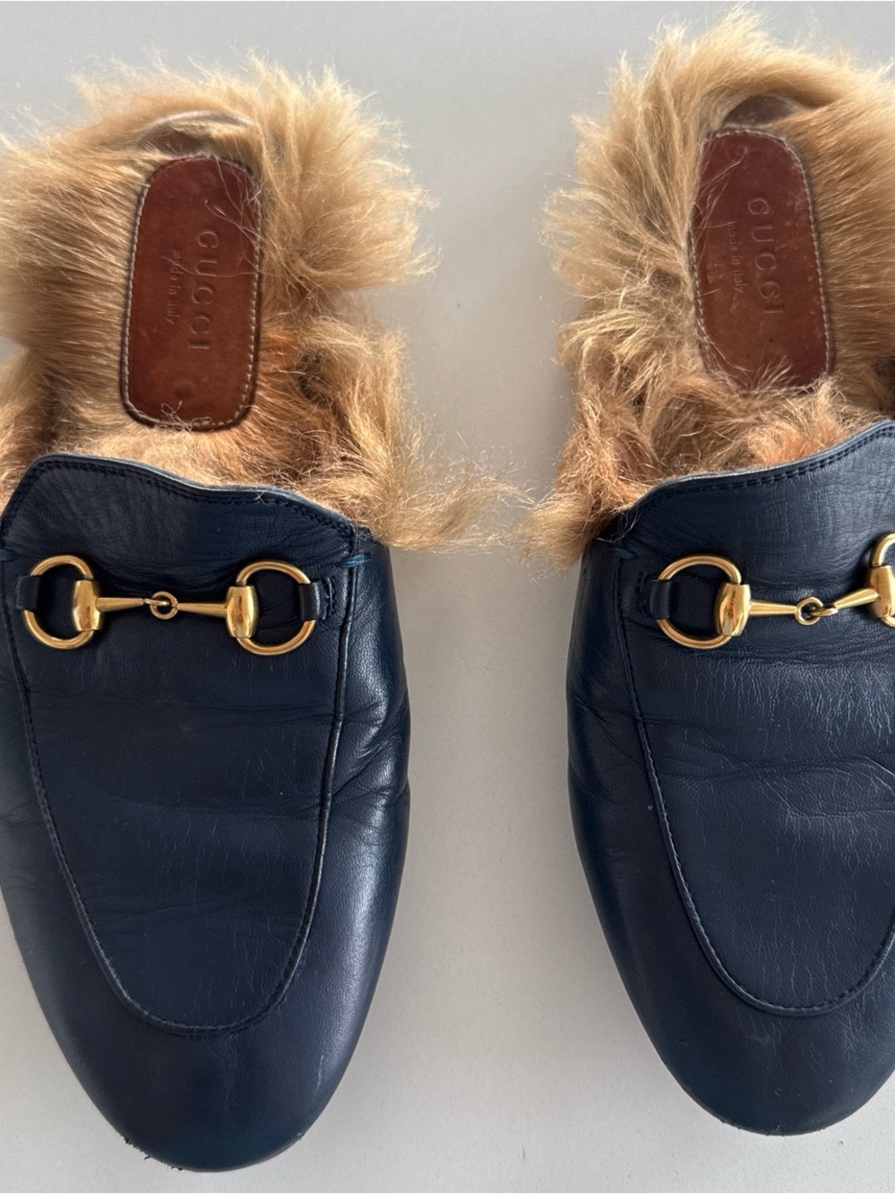 Gucci Navy Leather Fur-Lined Horsebit Mules